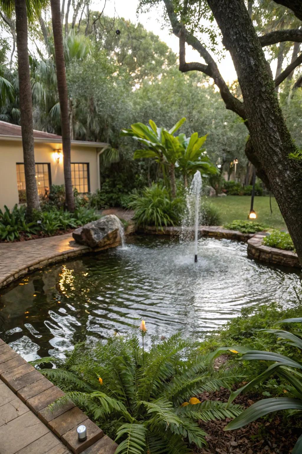 A peaceful water feature with a fountain in a Florida backyard.