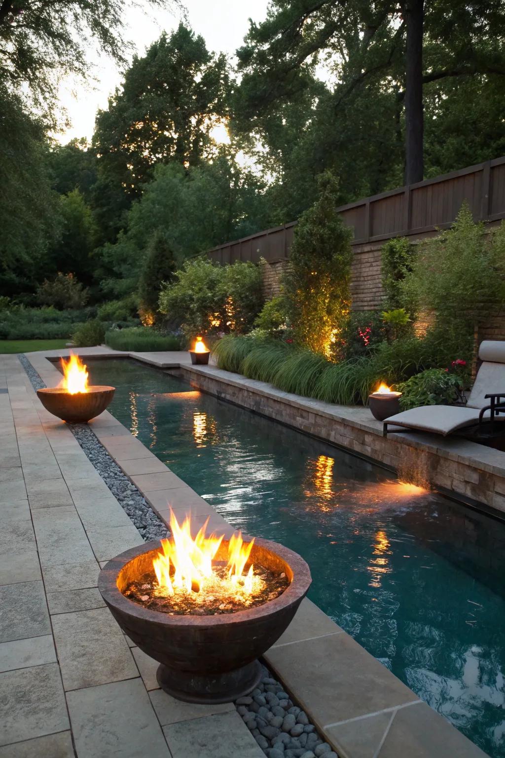 Fire bowls along the pool edge add drama and warmth.