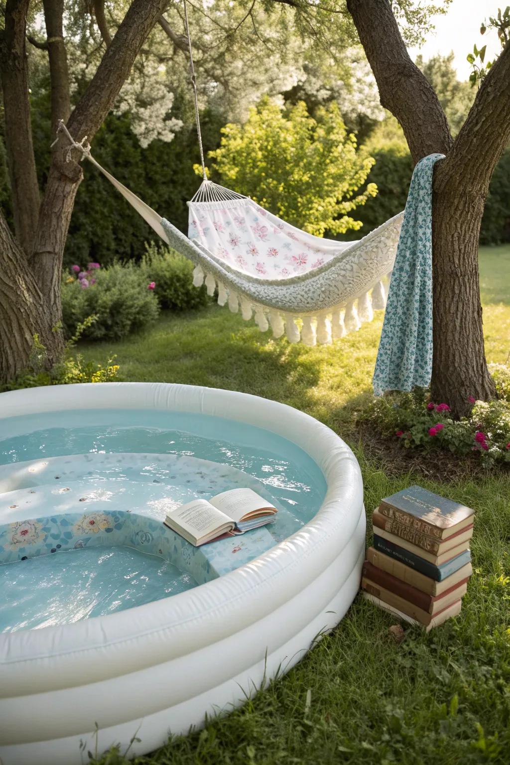 Relax by the pool with a book in your cozy nook.