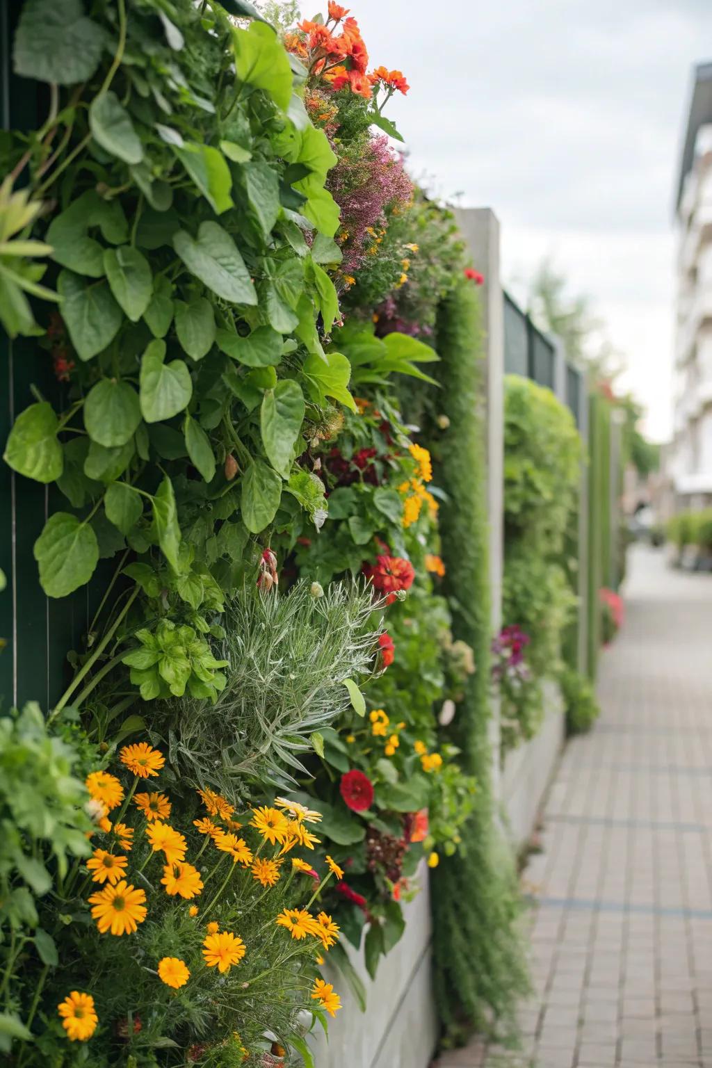 A vibrant vertical garden brings life to backyard walls.
