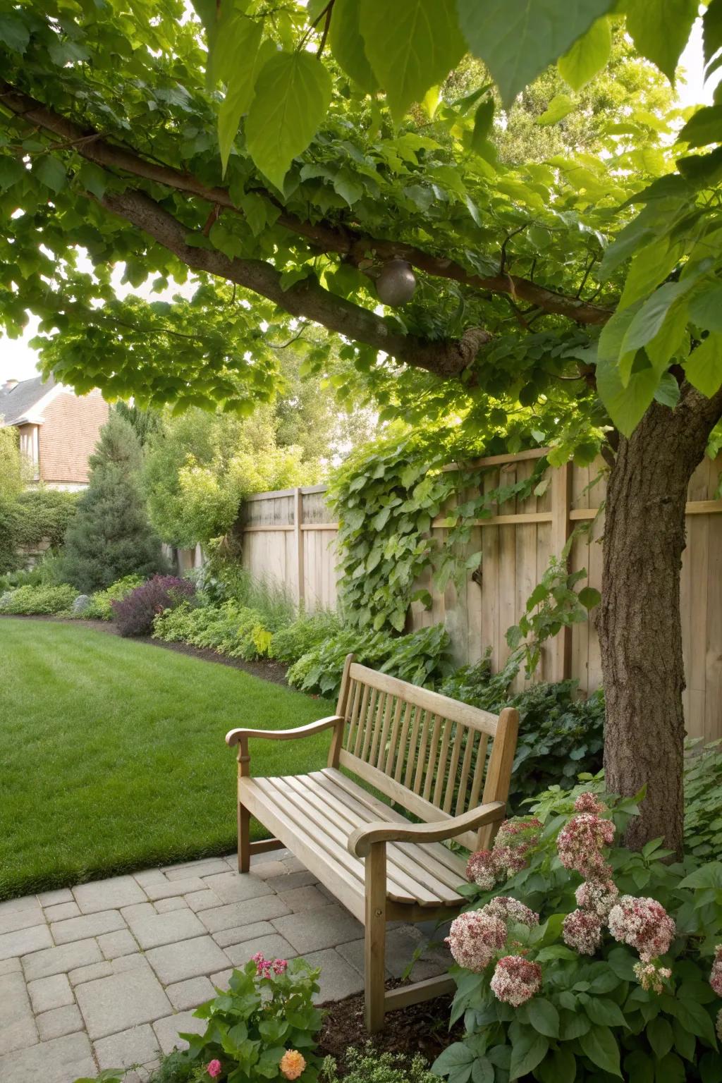 Create cozy seating with natural wood amidst your lush backyard.