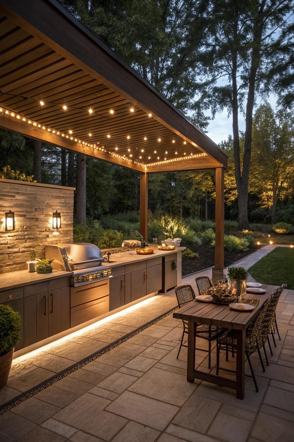 An outdoor kitchen illuminated by ambient lighting with LED strips and lanterns.