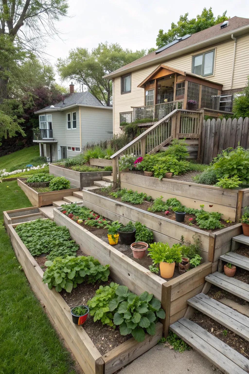A multi-level Milwaukee backyard with terraces enhancing visual interest.