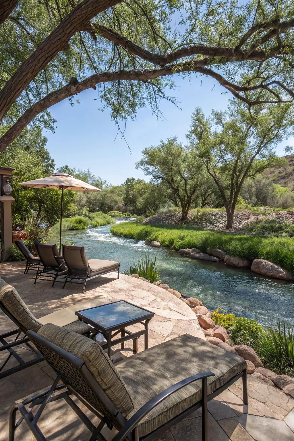 Shaded lounging areas offer comfort and relaxation by the river.