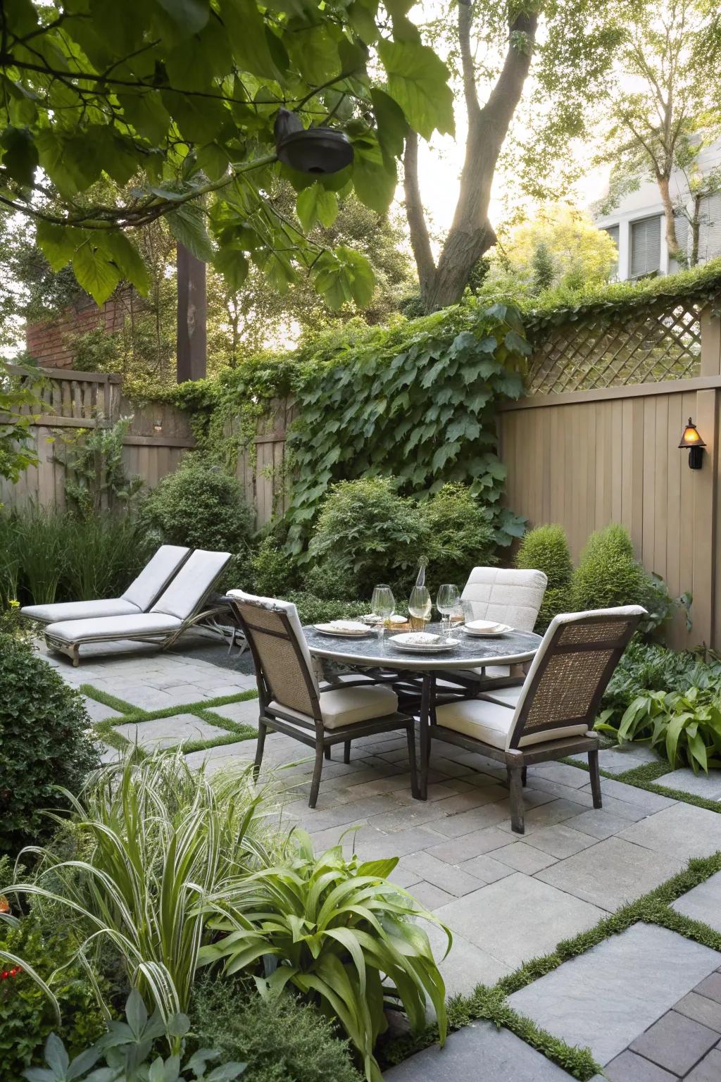 A garden space that caters to dining and relaxation.