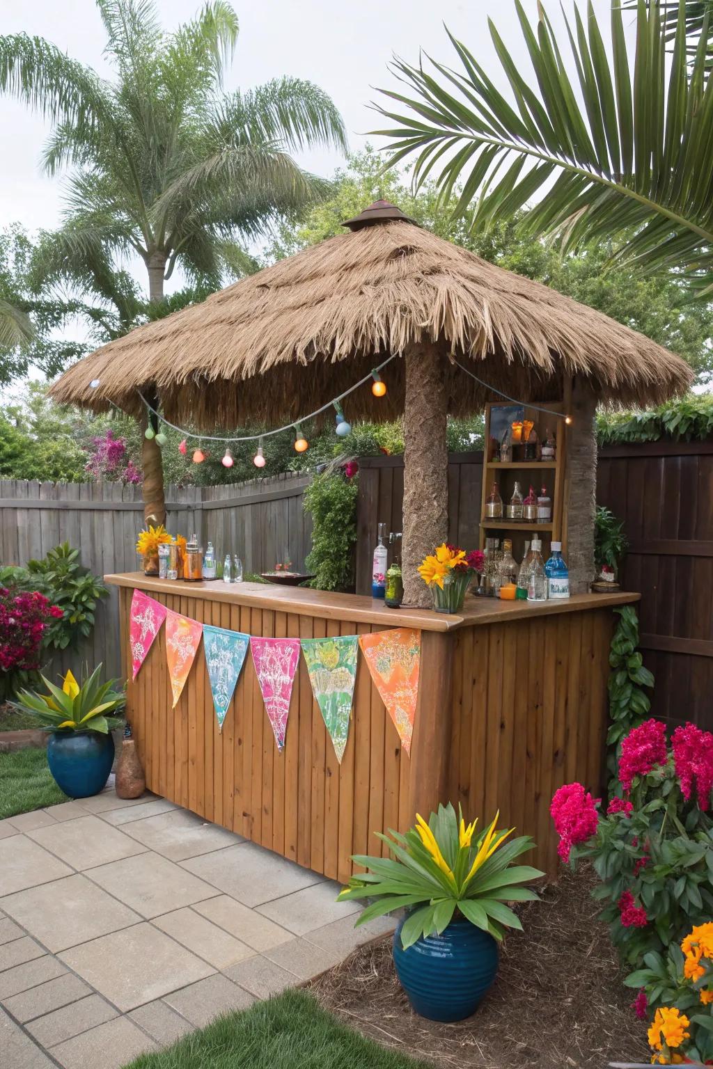 A thatched-roof bar sets the scene for a tropical luau.