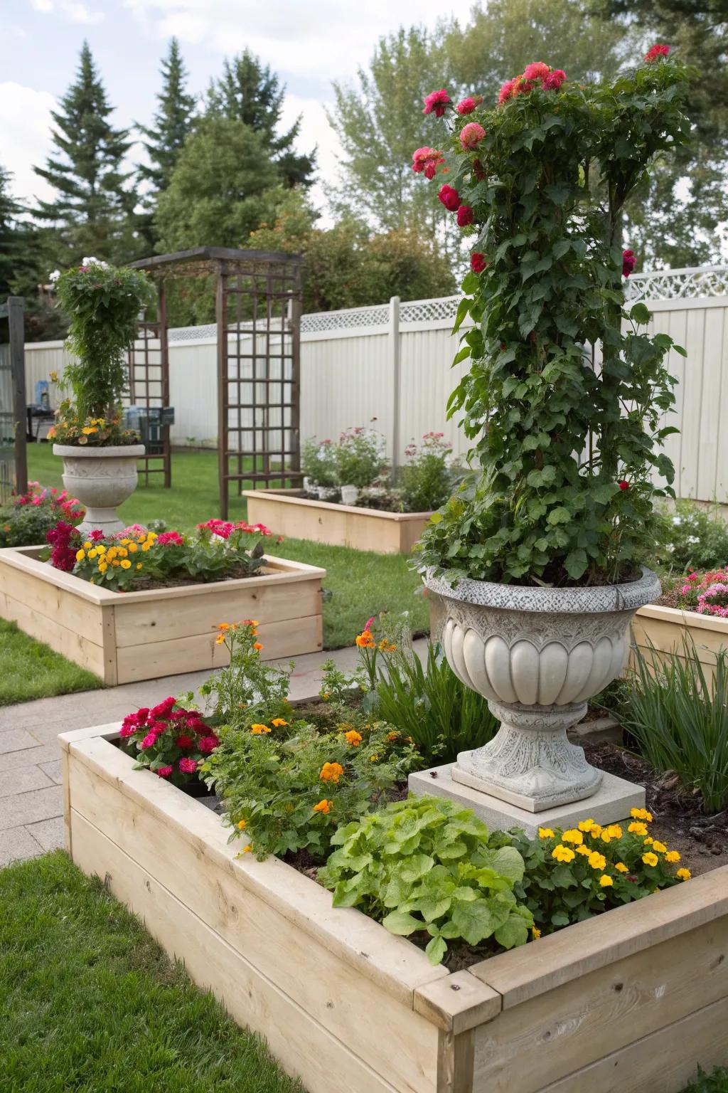 Raised beds and containers offer creative planting opportunities in a memorial garden.