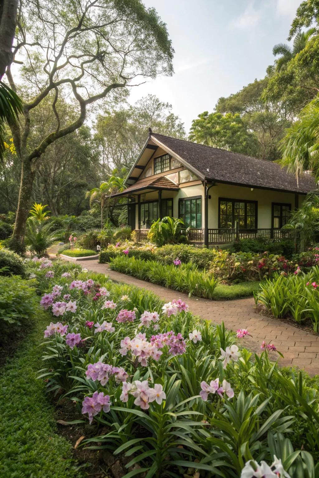 Seamlessly integrated orchid house in a garden paradise.