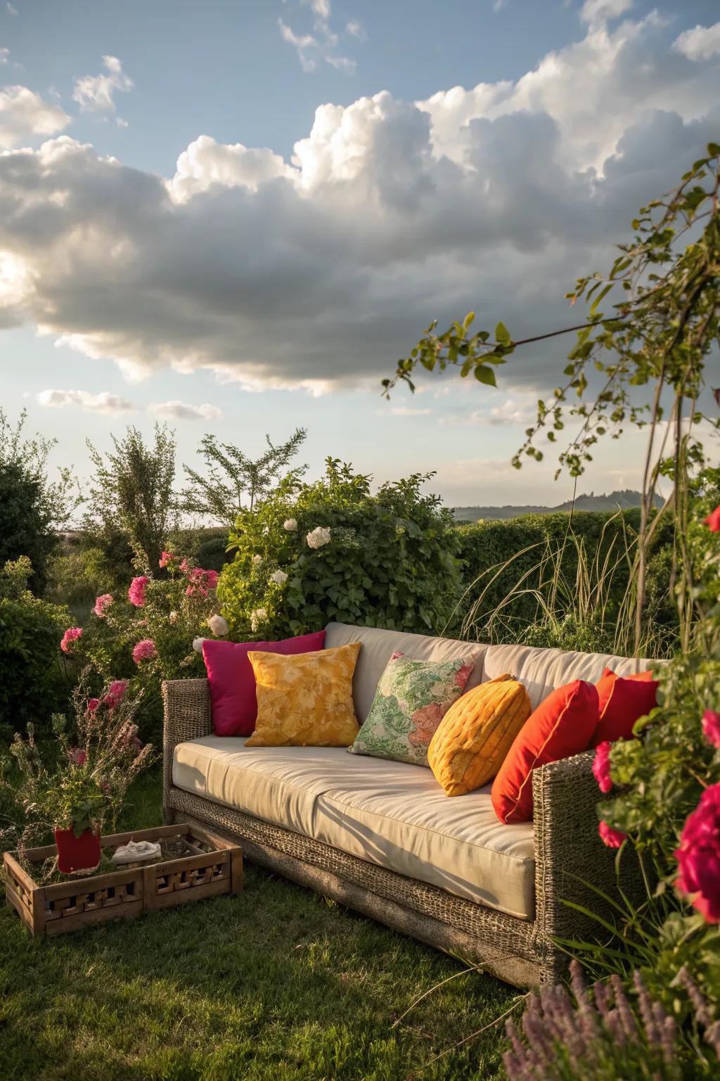Brighten up your outdoor space with colorful pillows.