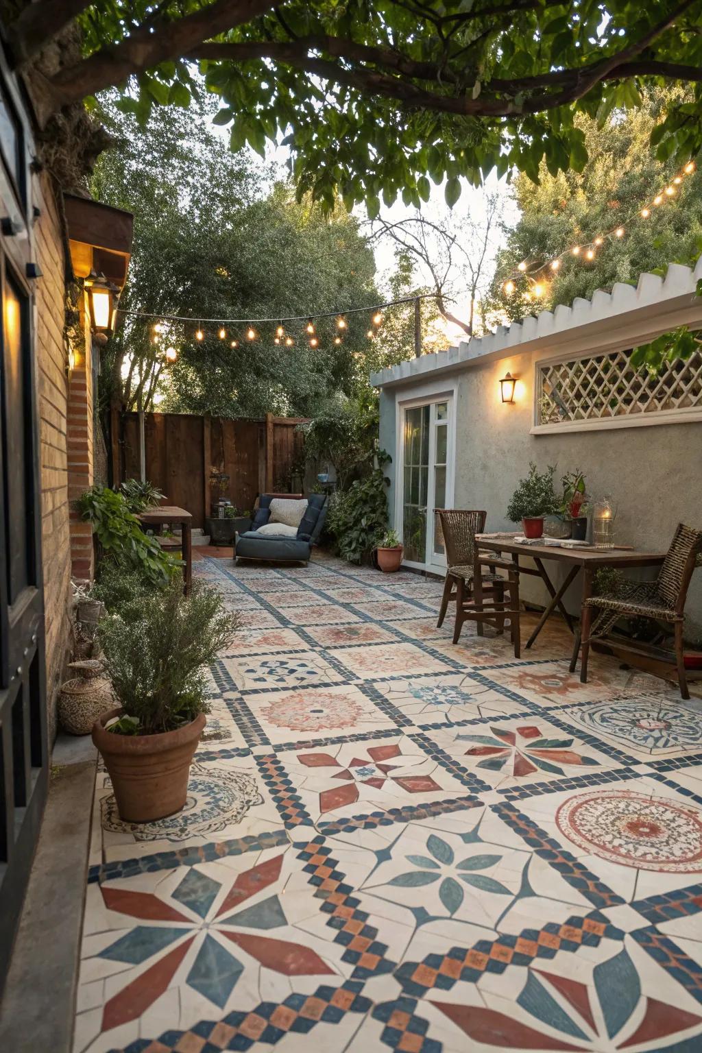 Give your patio unique character with patterned tile flooring.