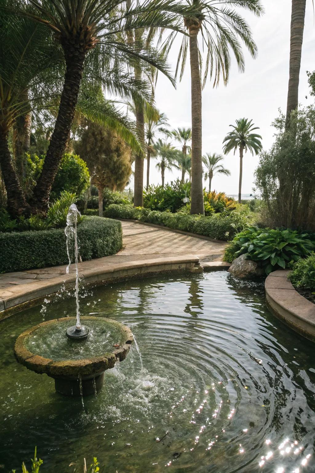A water feature adds tranquility to a palm tree landscape.