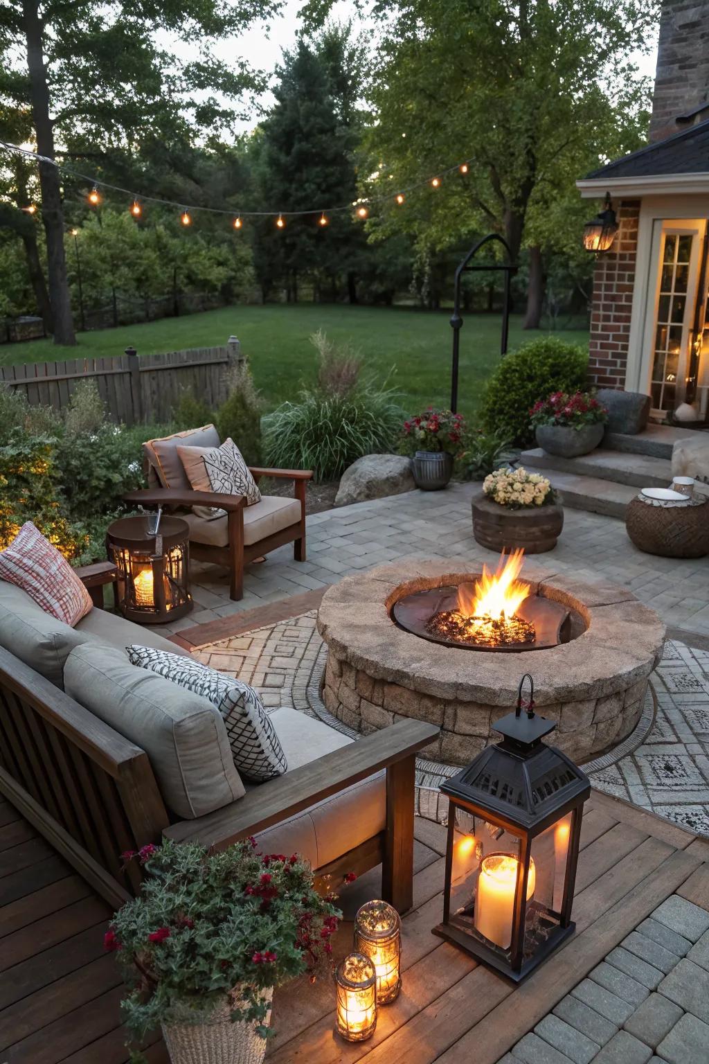 A cozy fire pit creates a warm gathering spot