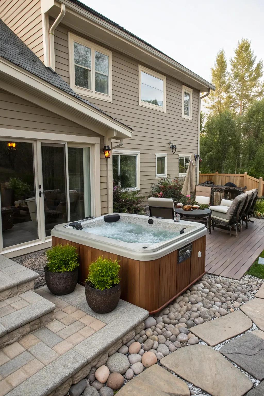 A conveniently placed hot tub for easy access from the house.