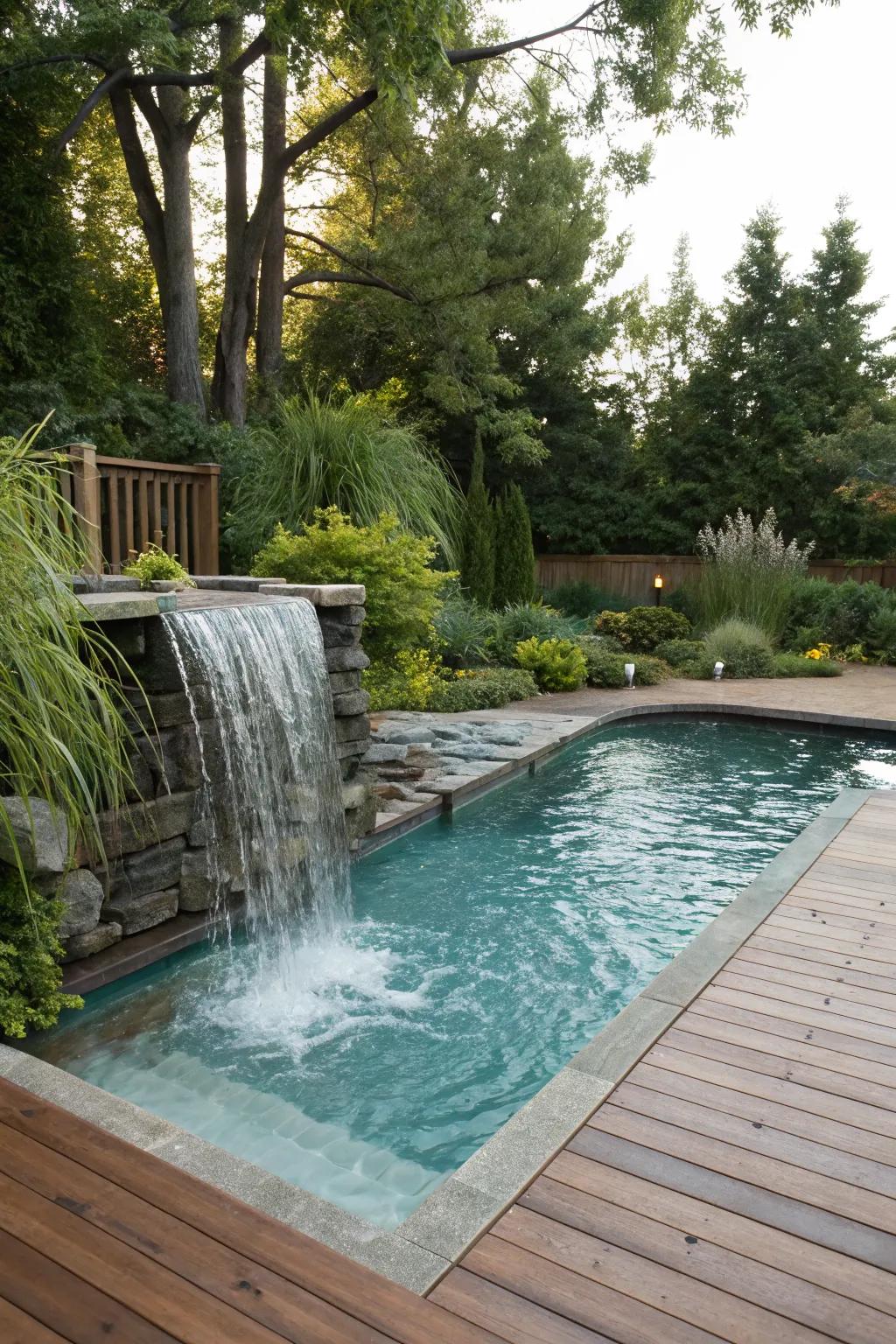 A calming waterfall feature enhancing the pool’s serenity.