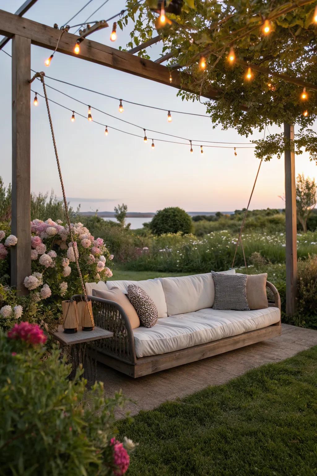 Create a cozy nook with lights over outdoor sofas.