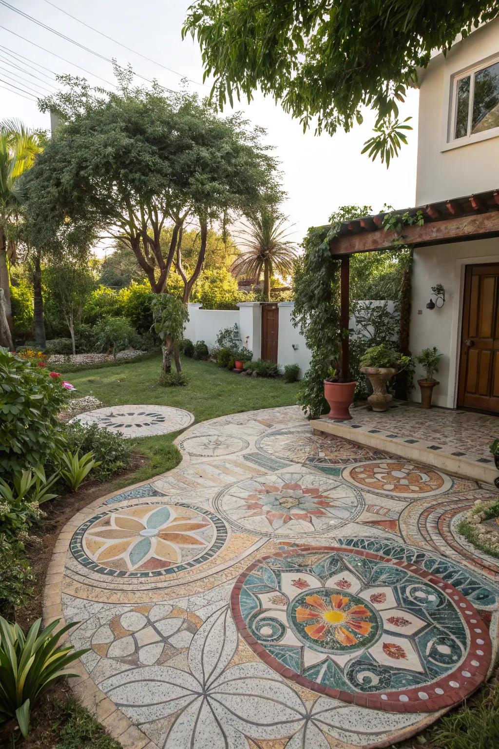 Artistic mosaic paving adding color and creativity.
