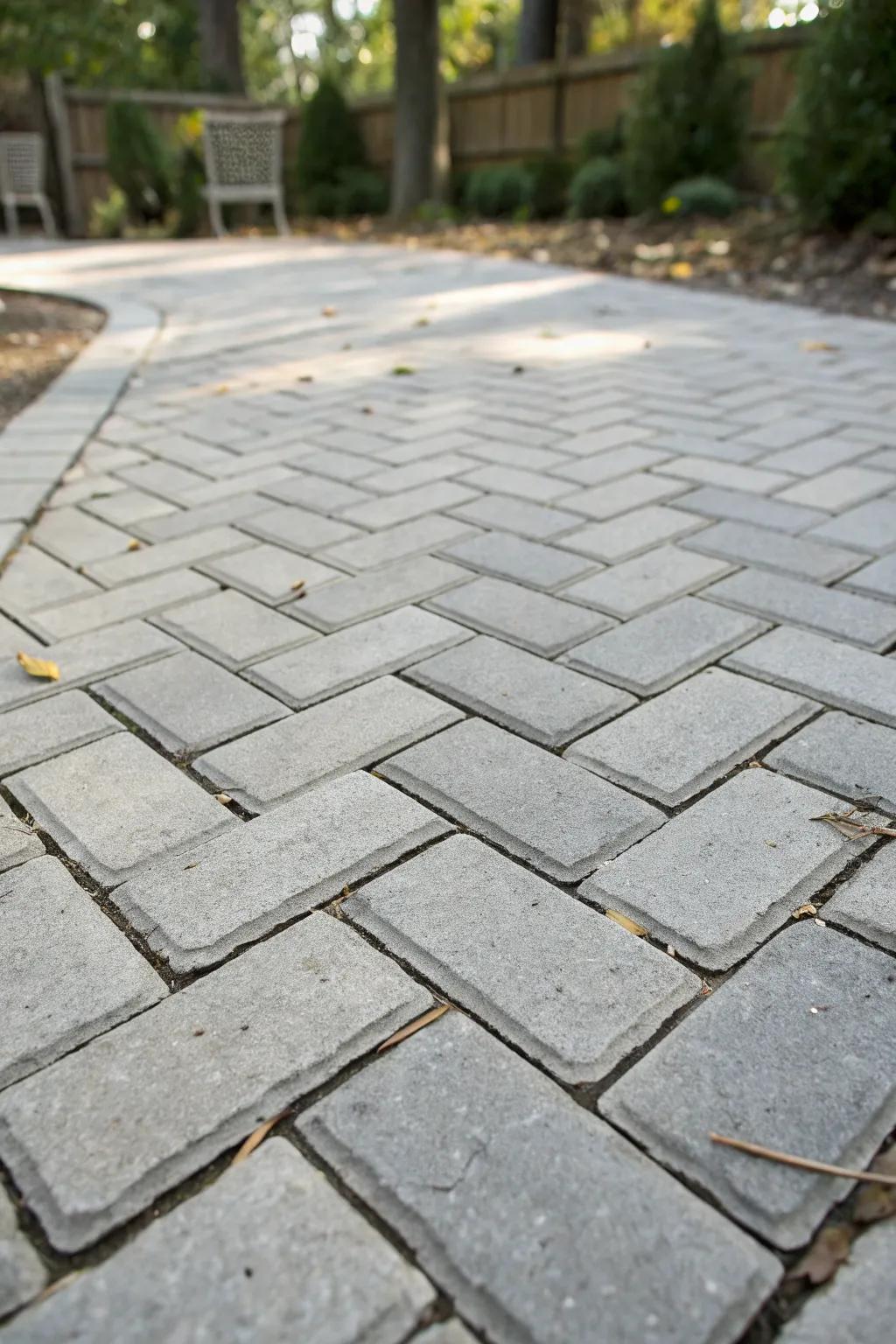 Elegant herringbone pattern on a paver patio