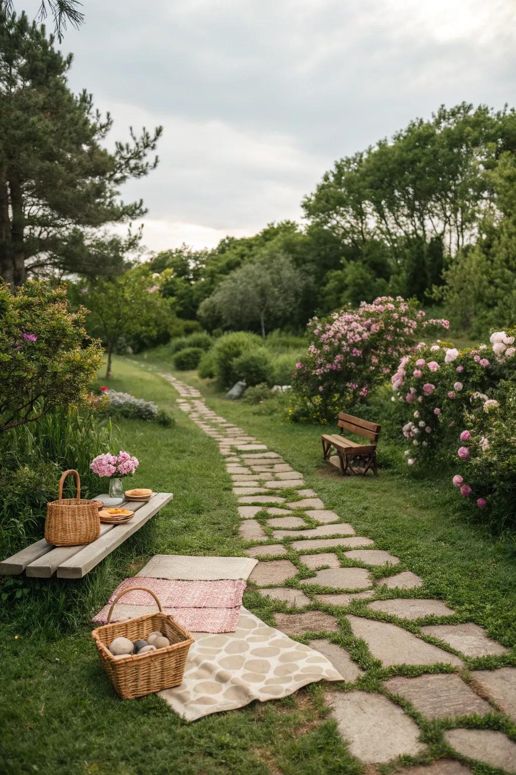A charming garden pathway leads to your perfect picnic spot.