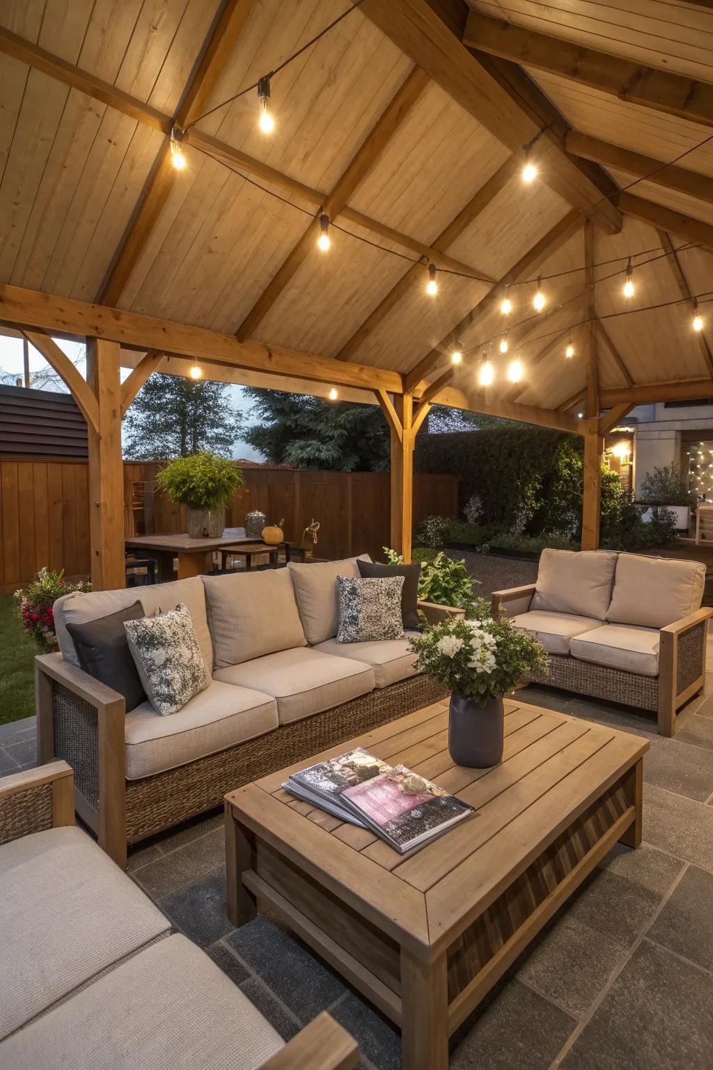Relax in style with a cozy lounge area in your picnic shelter.