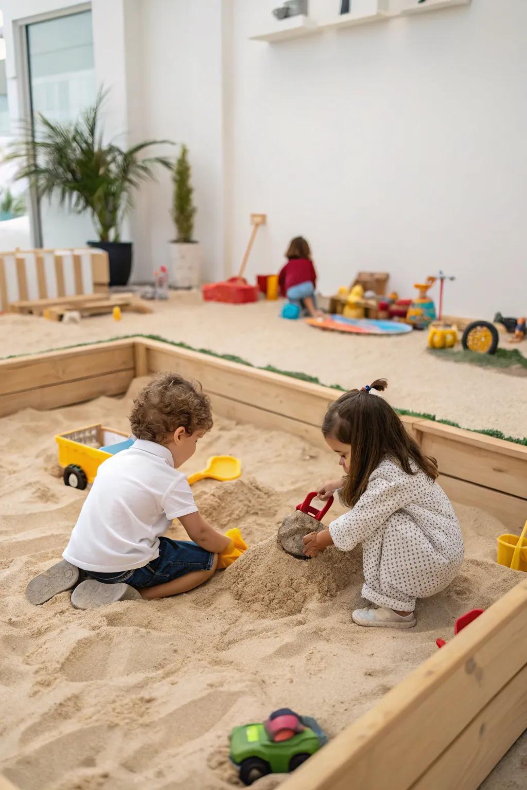 Soft sand provides a beachy vibe for playful adventures.