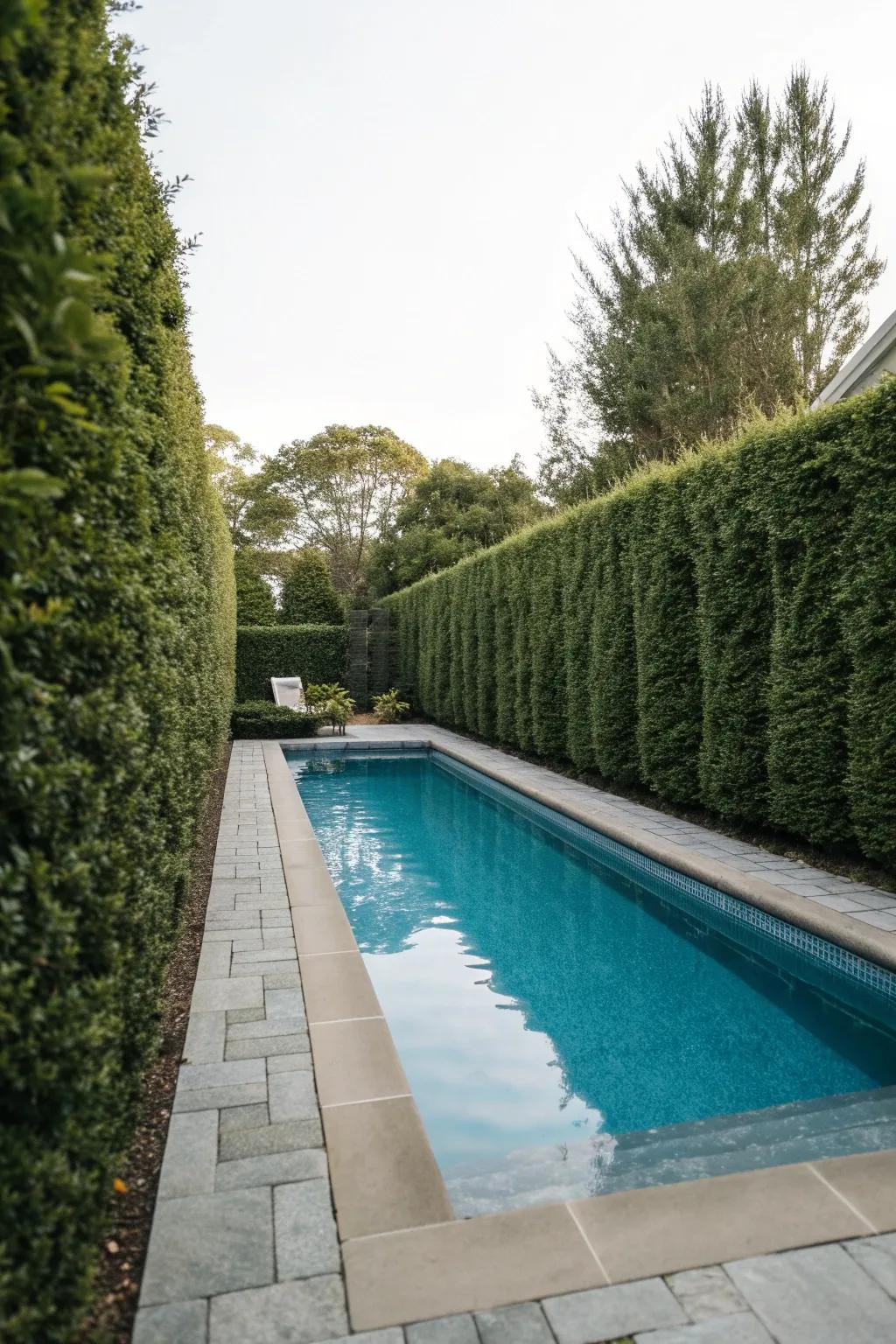 A private pool area enveloped with tall hedges for a secluded feel.