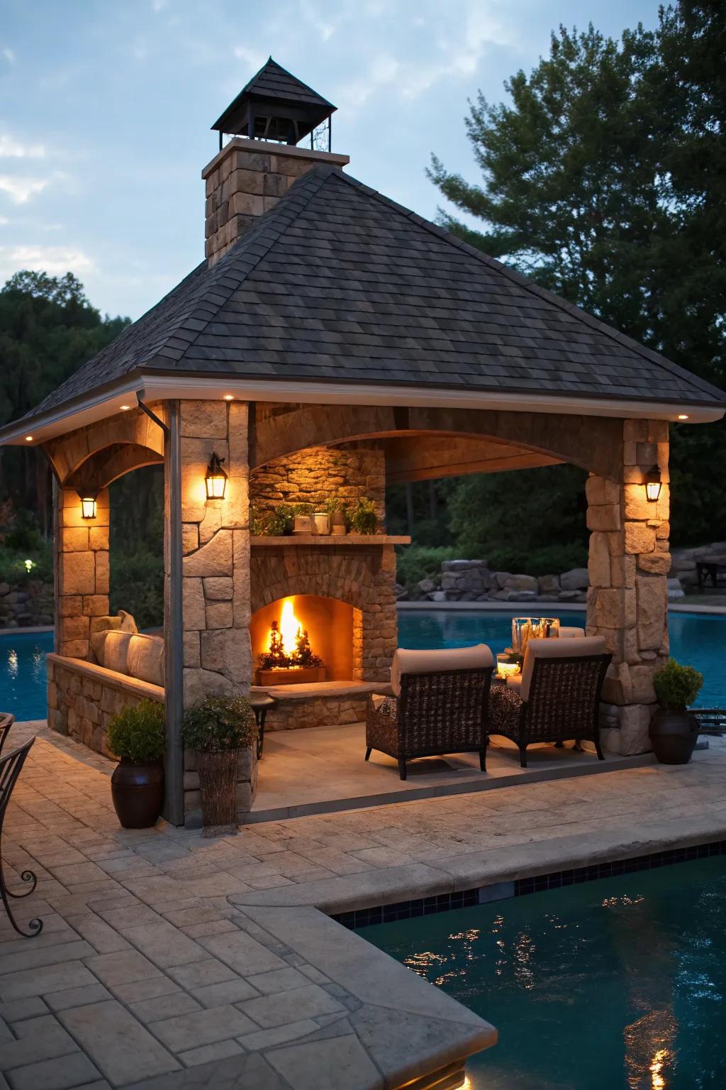 Create a cozy atmosphere with a pavilion fireplace.