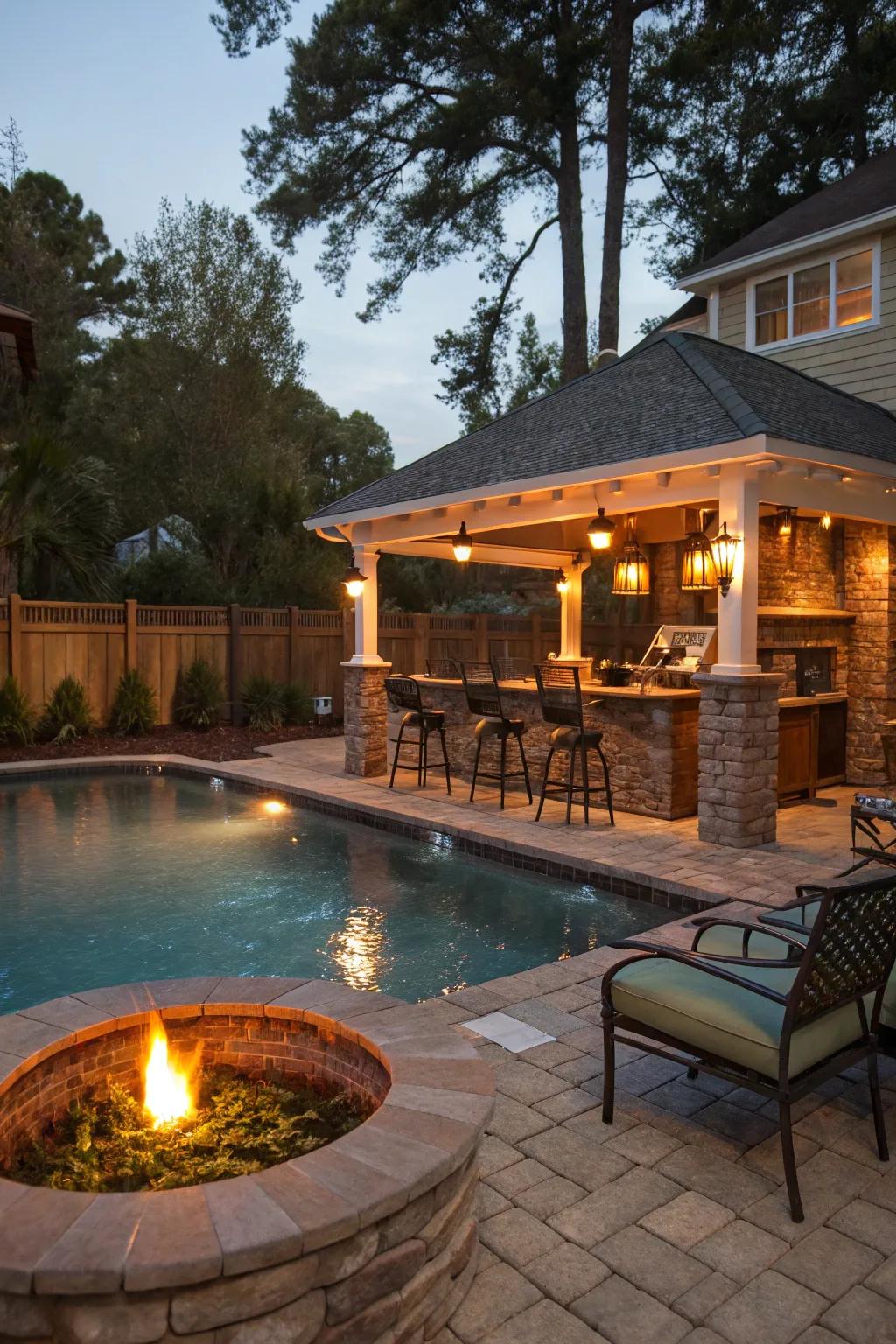 A fire pit adds warmth and drama to your swim-up bar setting.