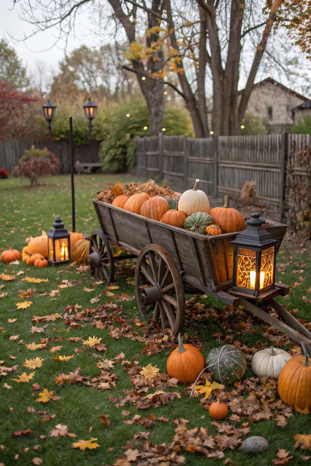 A vintage wagon filled with pumpkins evokes a sense of autumn nostalgia.