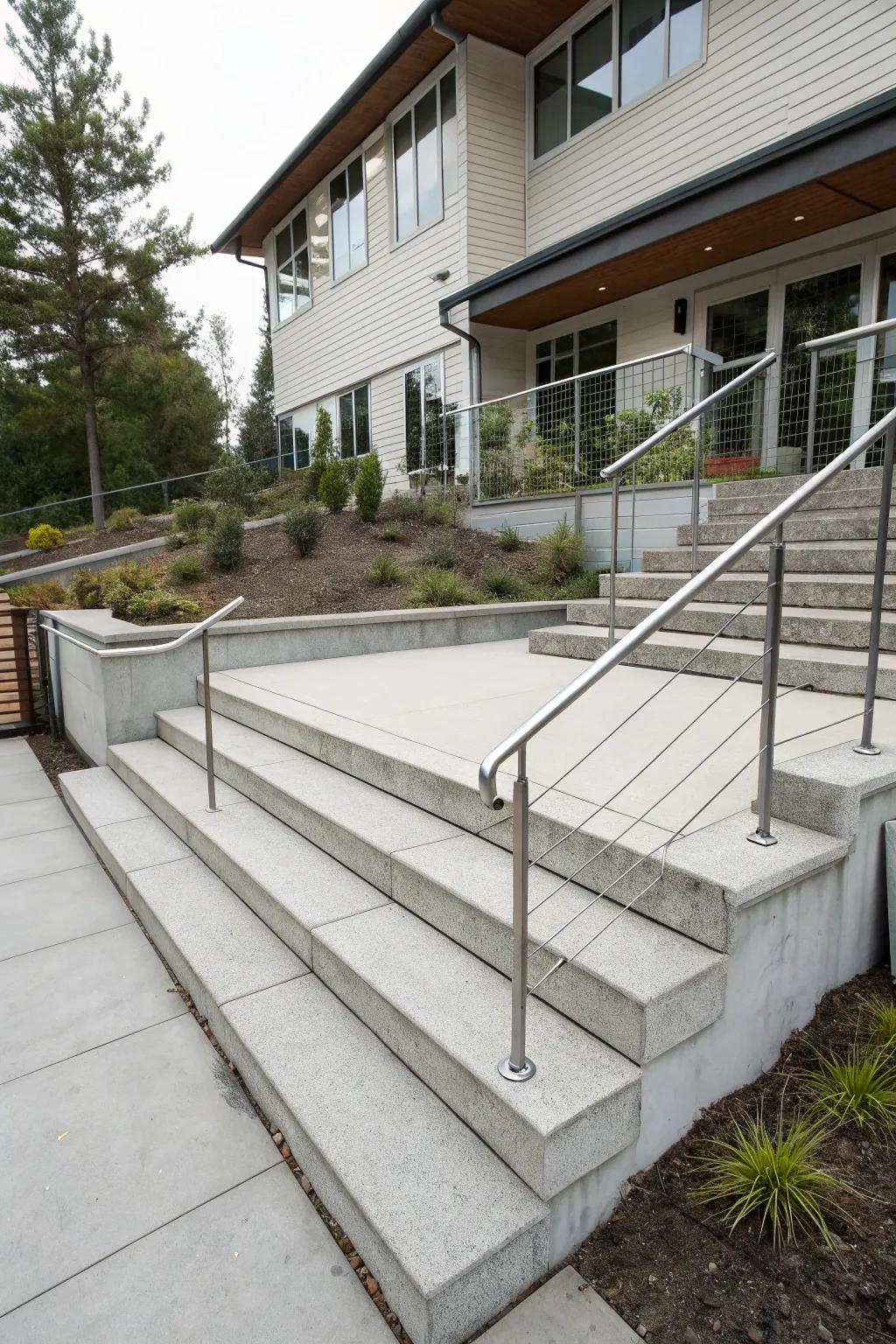 Elegant steps and railings for a secure patio access.