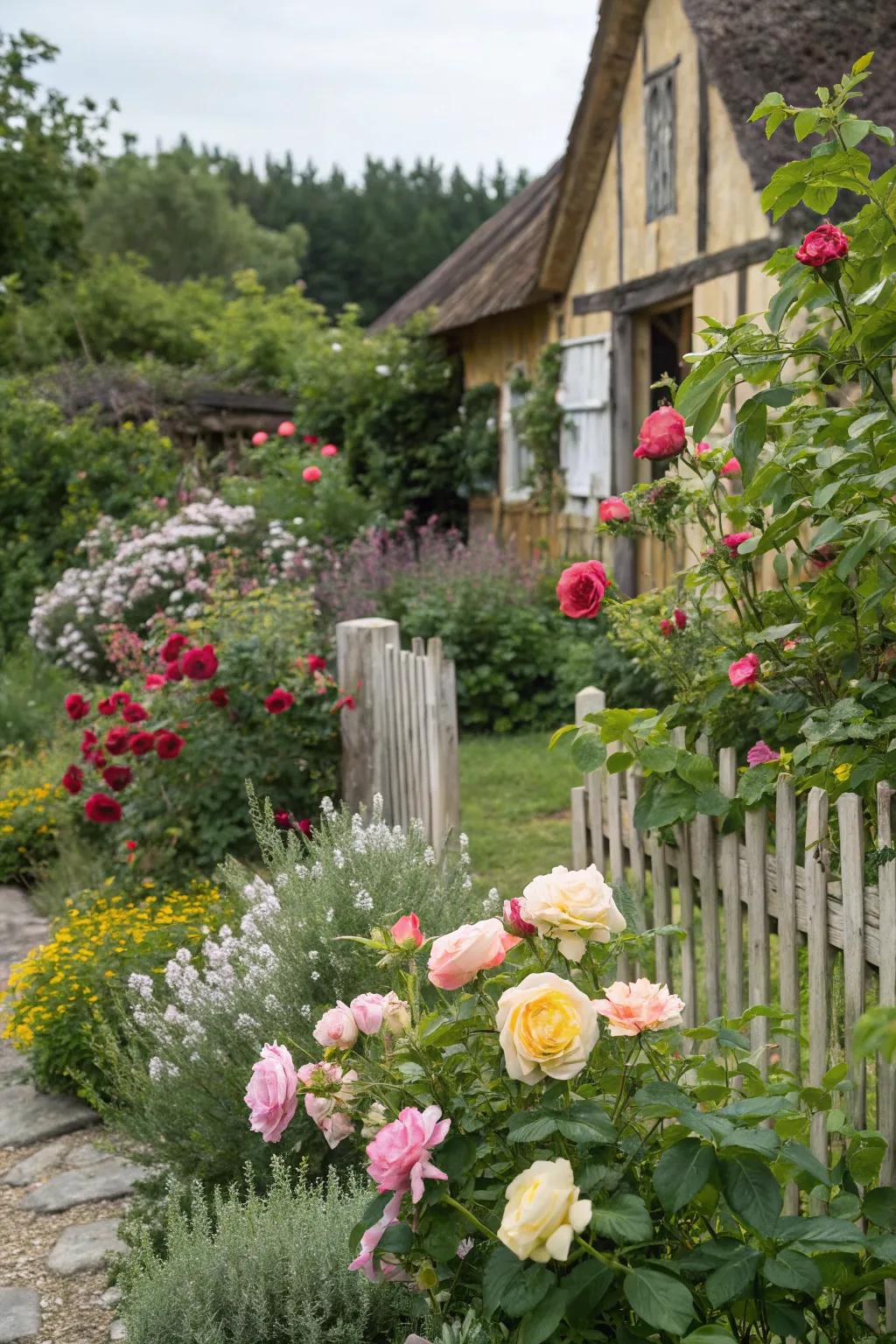 A cottage garden style mixes roses with other blooms for a rustic, timeless appeal.
