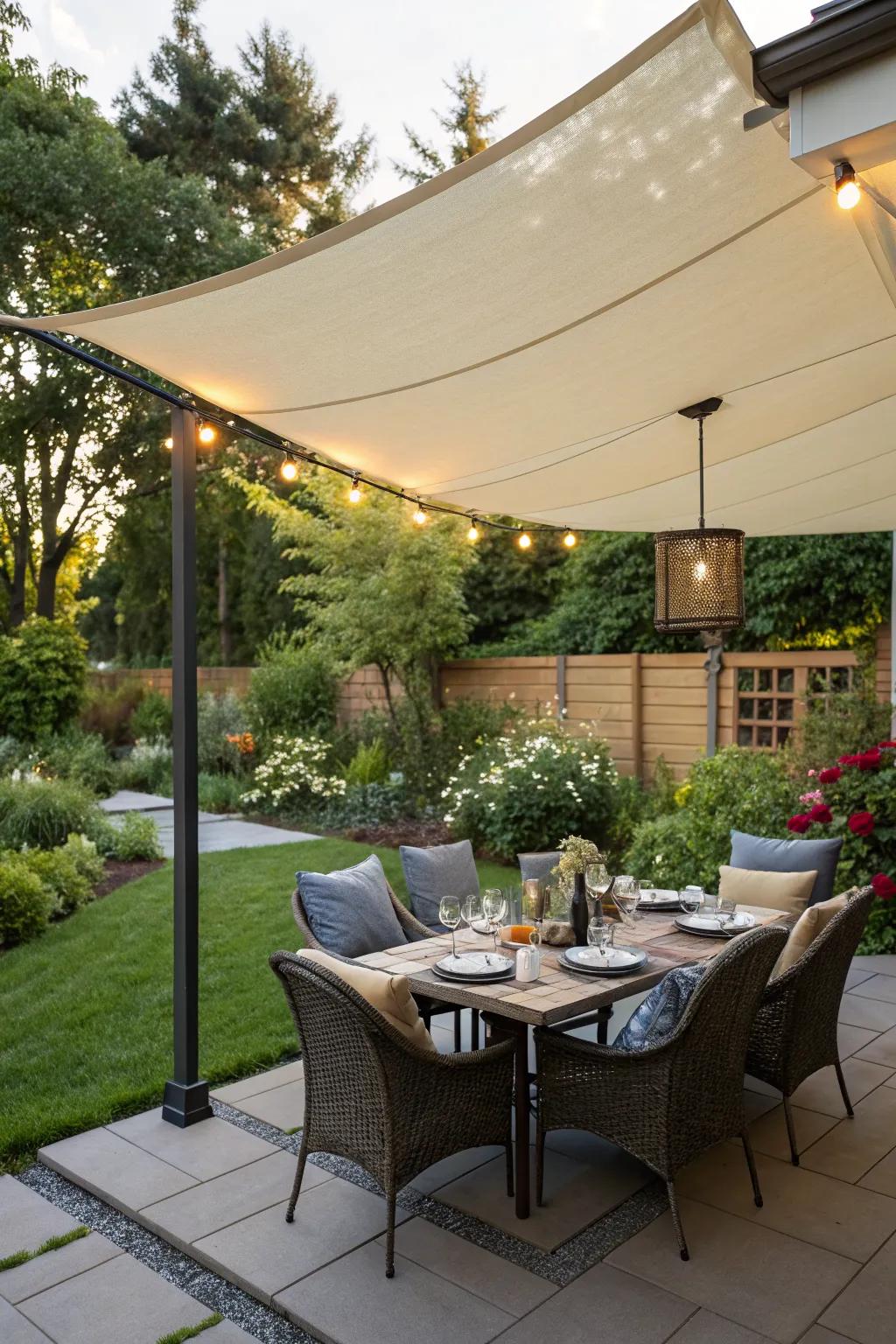 Sail shades creating a cozy and shaded dining area outdoors.