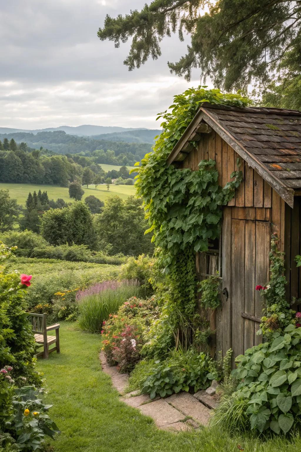 A shed beautifully blended with nature using vibrant plant life.