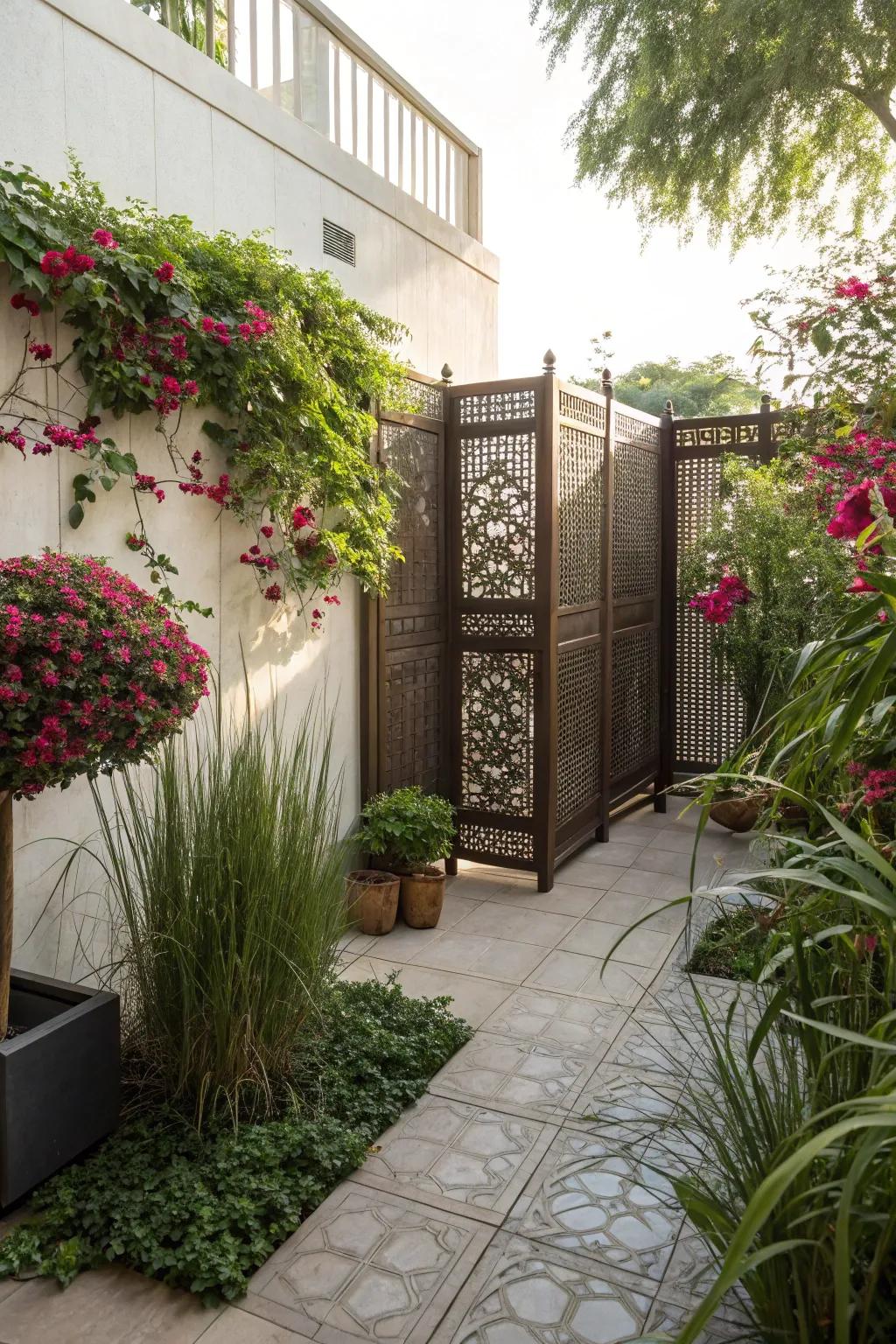 Create an intimate patio space with decorative privacy screens.