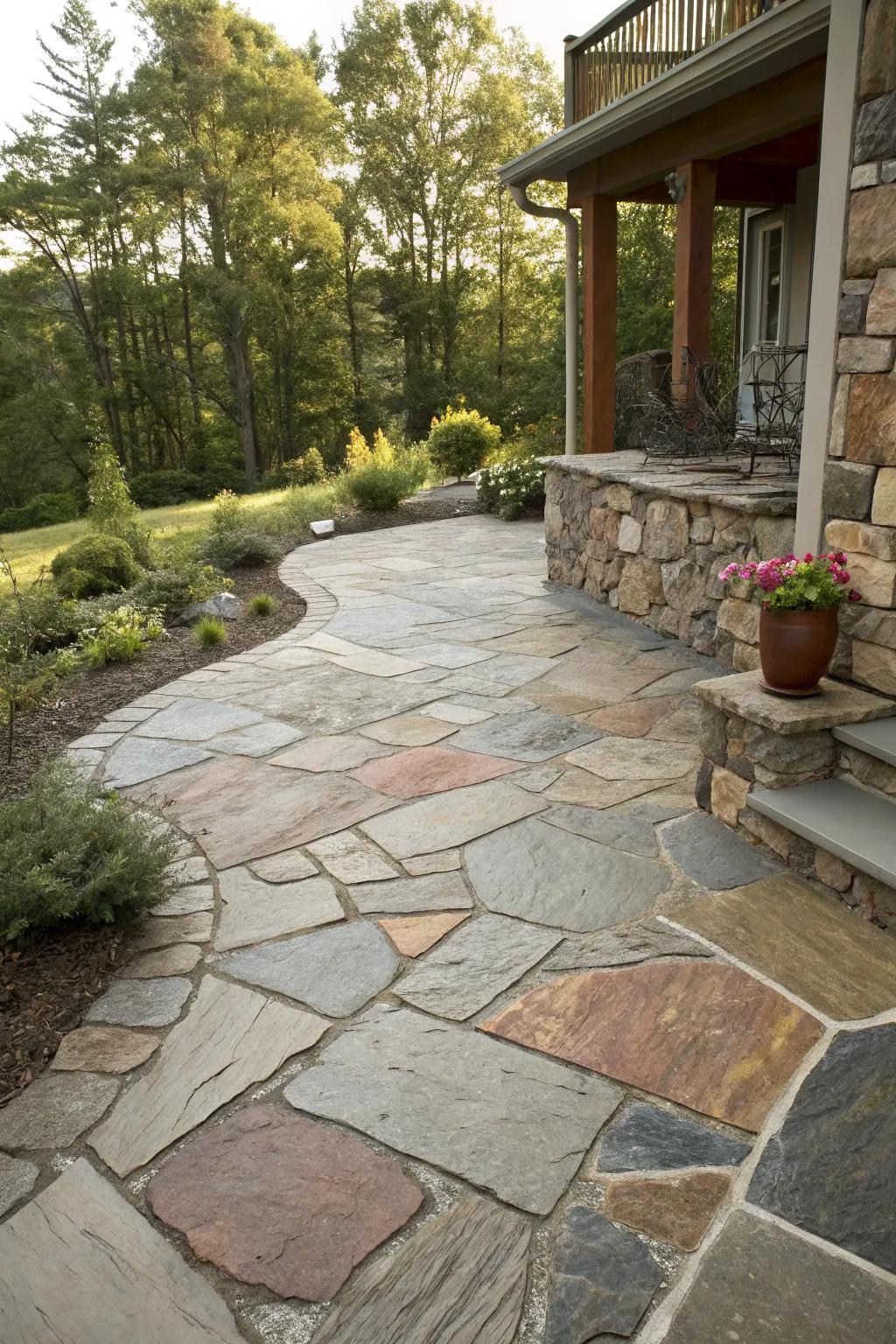 A mix of stone patterns creates a visually striking patio surface.