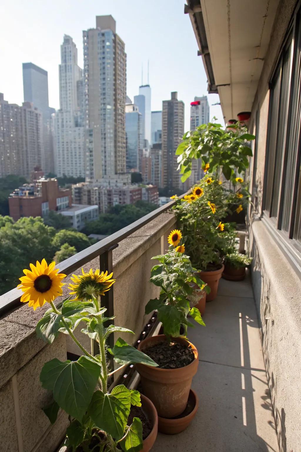 Urban living meets rustic charm with sunflowers in containers.