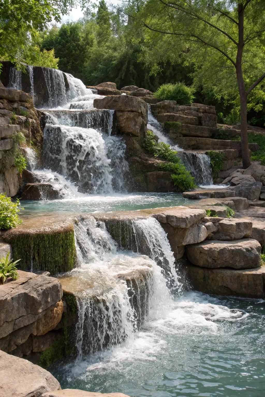 Stepped waterfalls add depth and a soothing sound to your backyard.