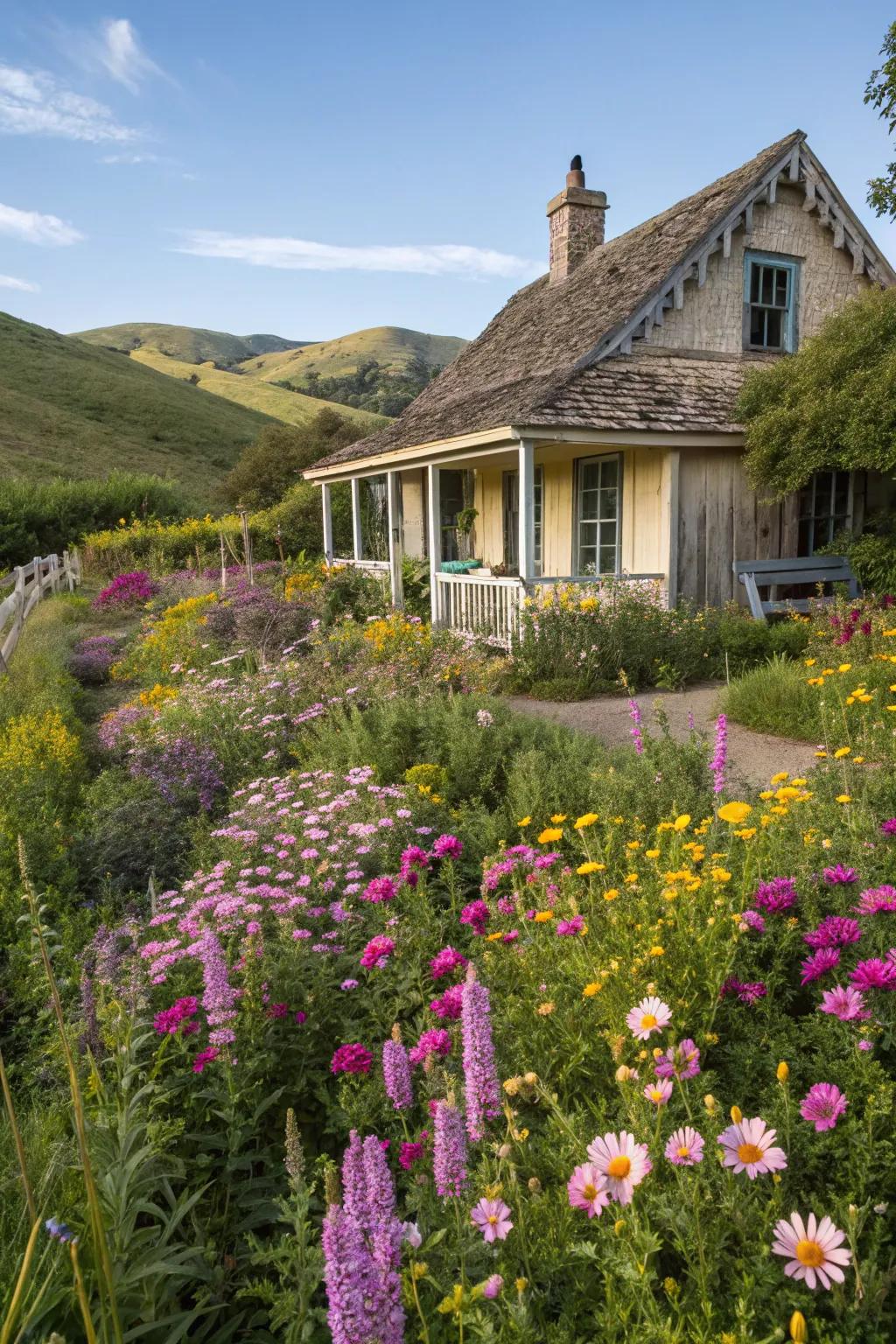 A charming cottage garden brimming with wildflowers.