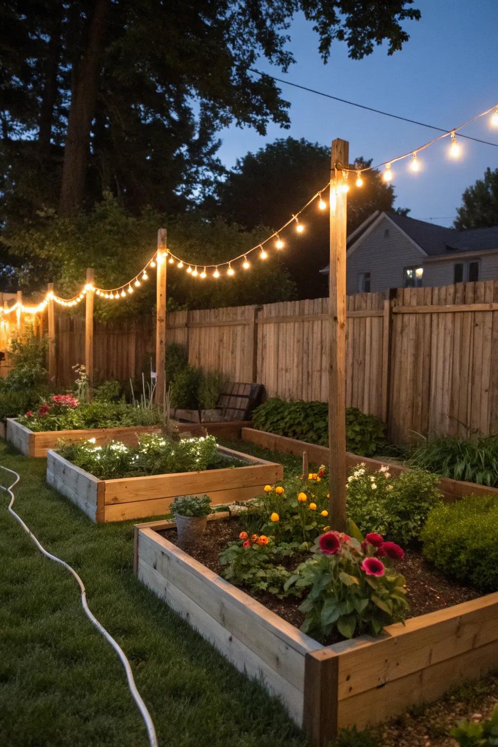Rope lights subtly enhance architectural features and garden elements.