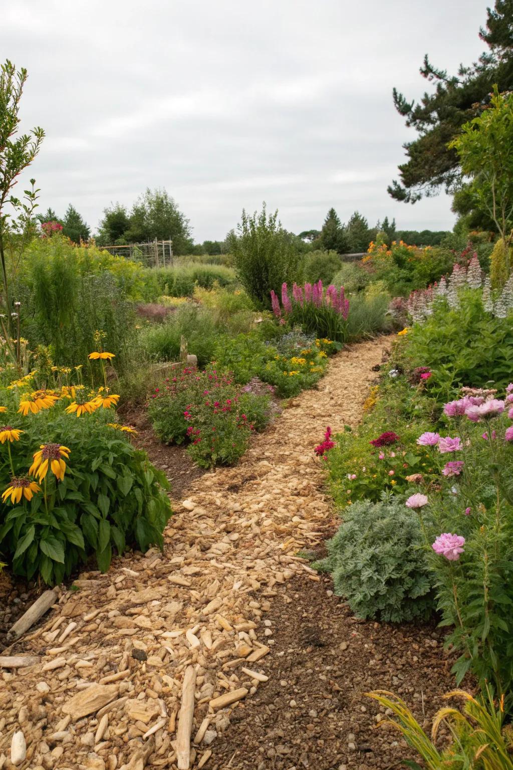 An eco-conscious garden design using wood chips.