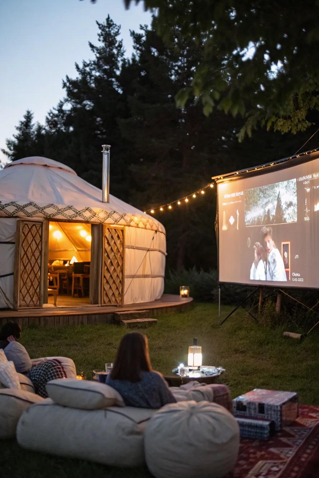 A backyard cinema setup with a yurt as a charming backdrop.