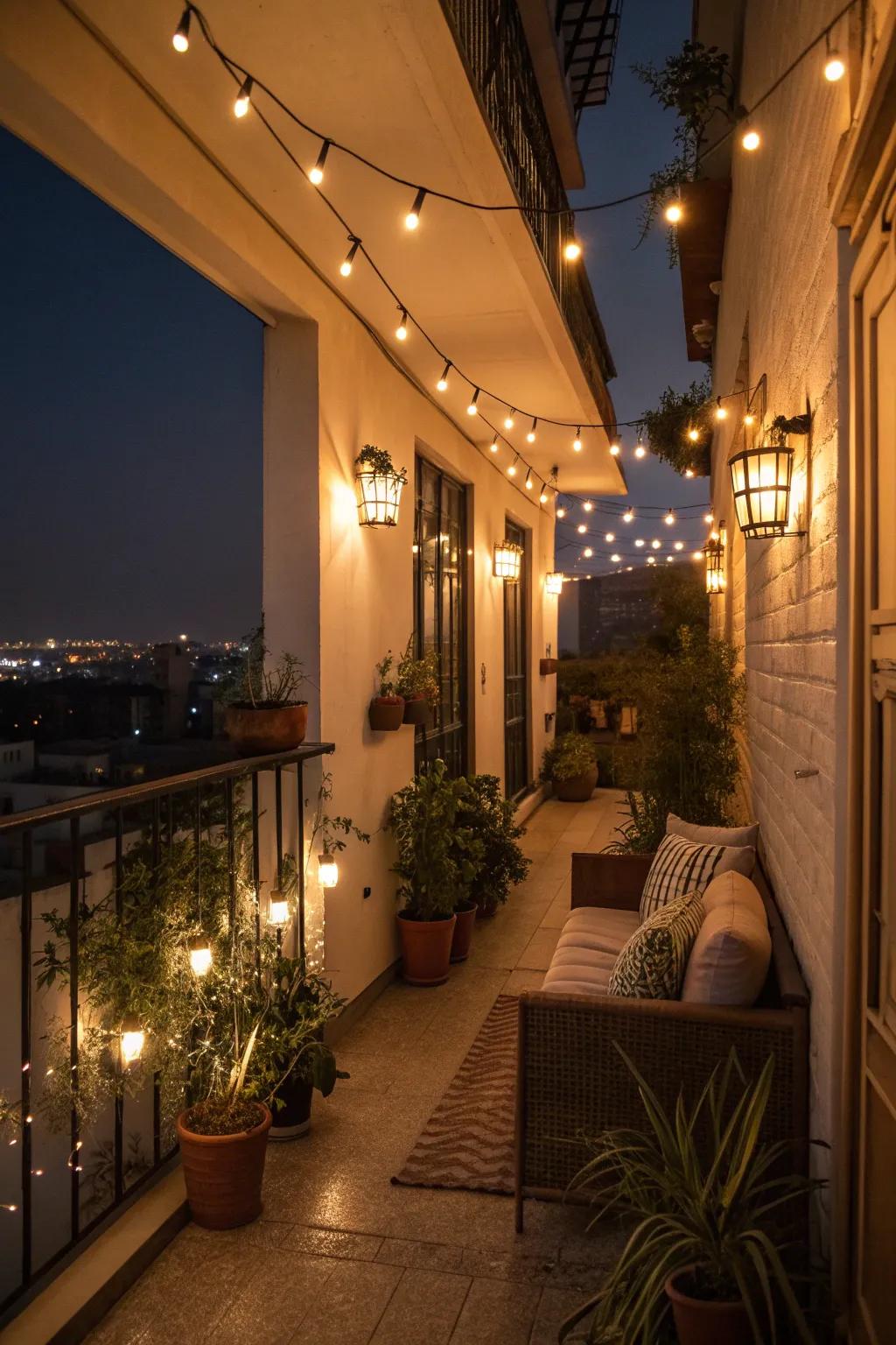 Ambient lighting transforms the balcony at night.