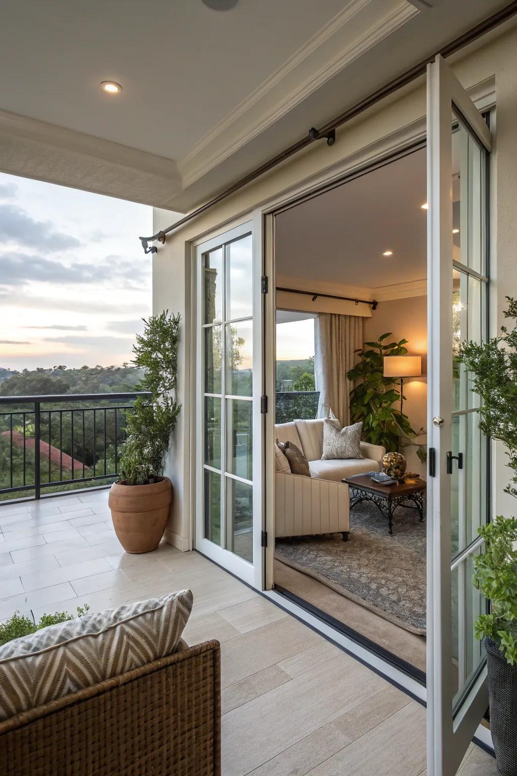 Balcony with retractable glass doors for seamless indoor-outdoor living.