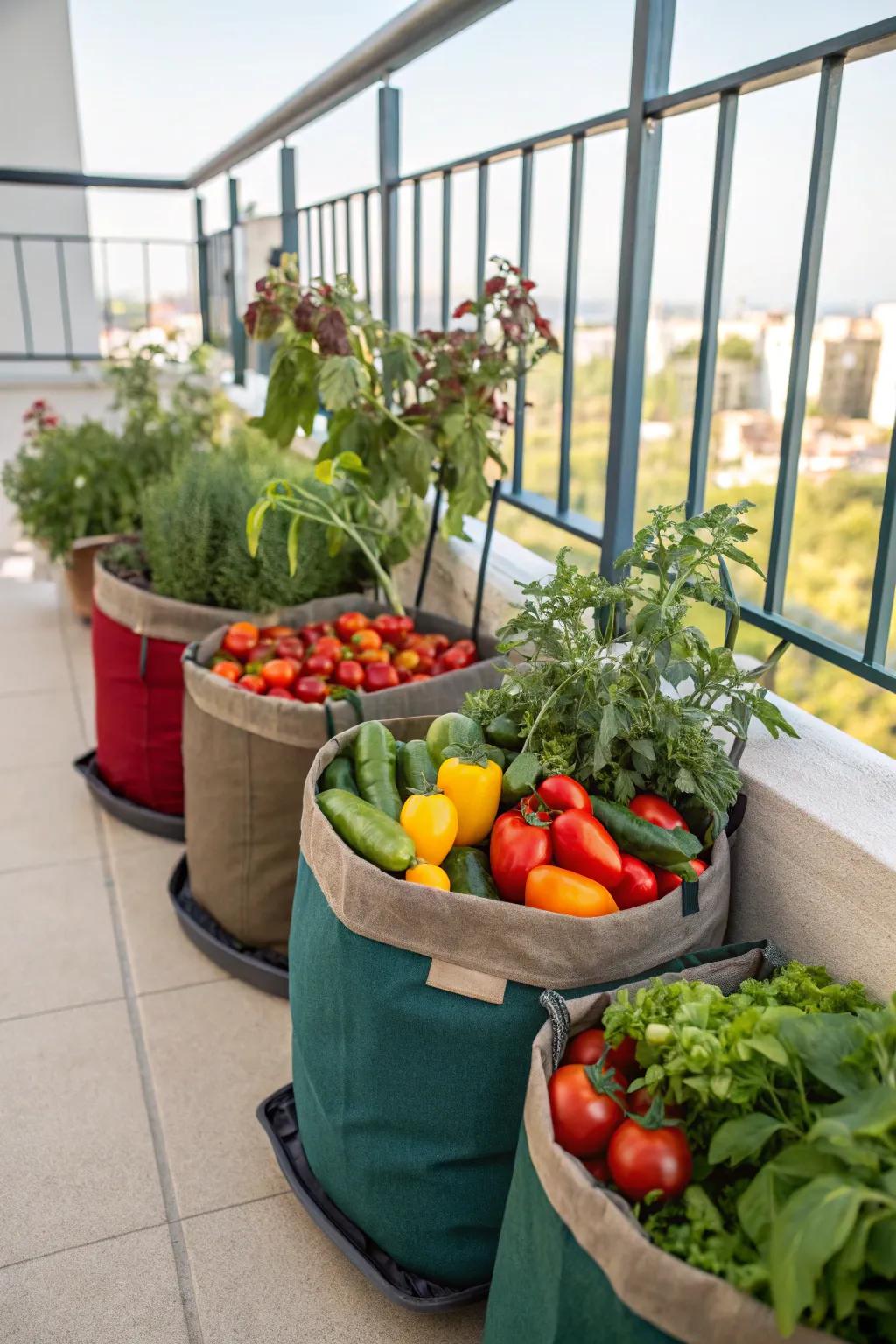 Fabric planter bags offer flexibility for balcony gardening.