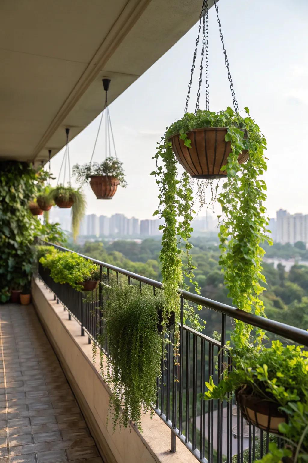 Hanging plants create a vertical garden effect while adding privacy.