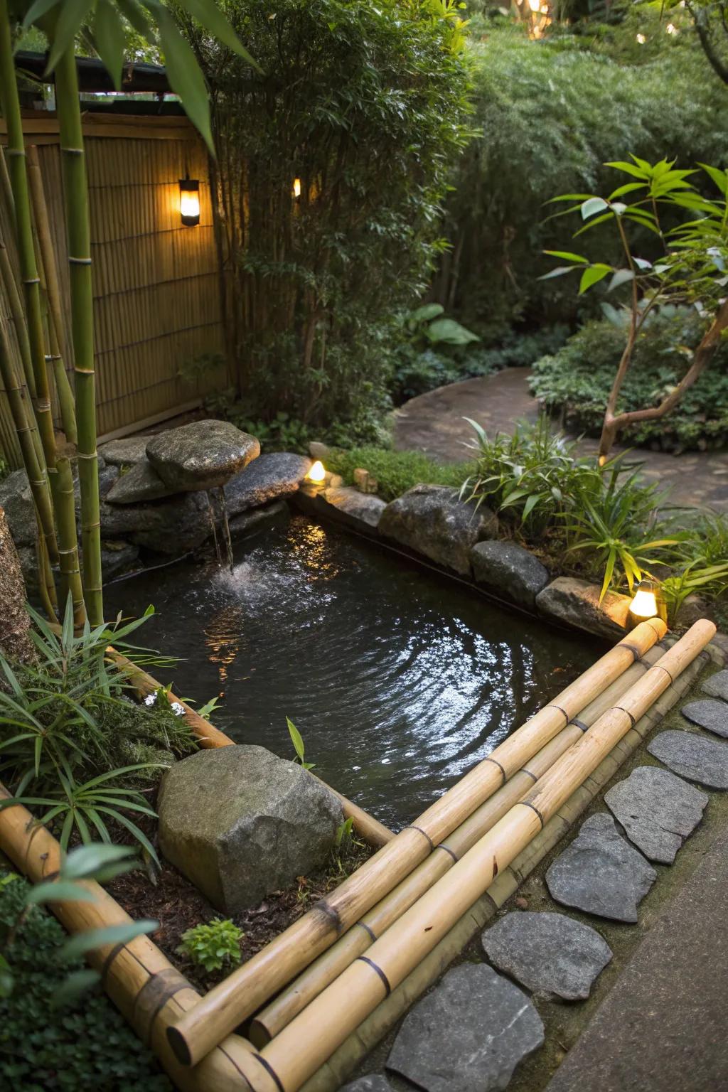 Serene bamboo edging around a water feature.