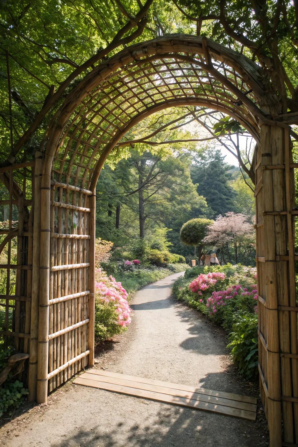 An elegant curved bamboo gate creating a dramatic entrance.