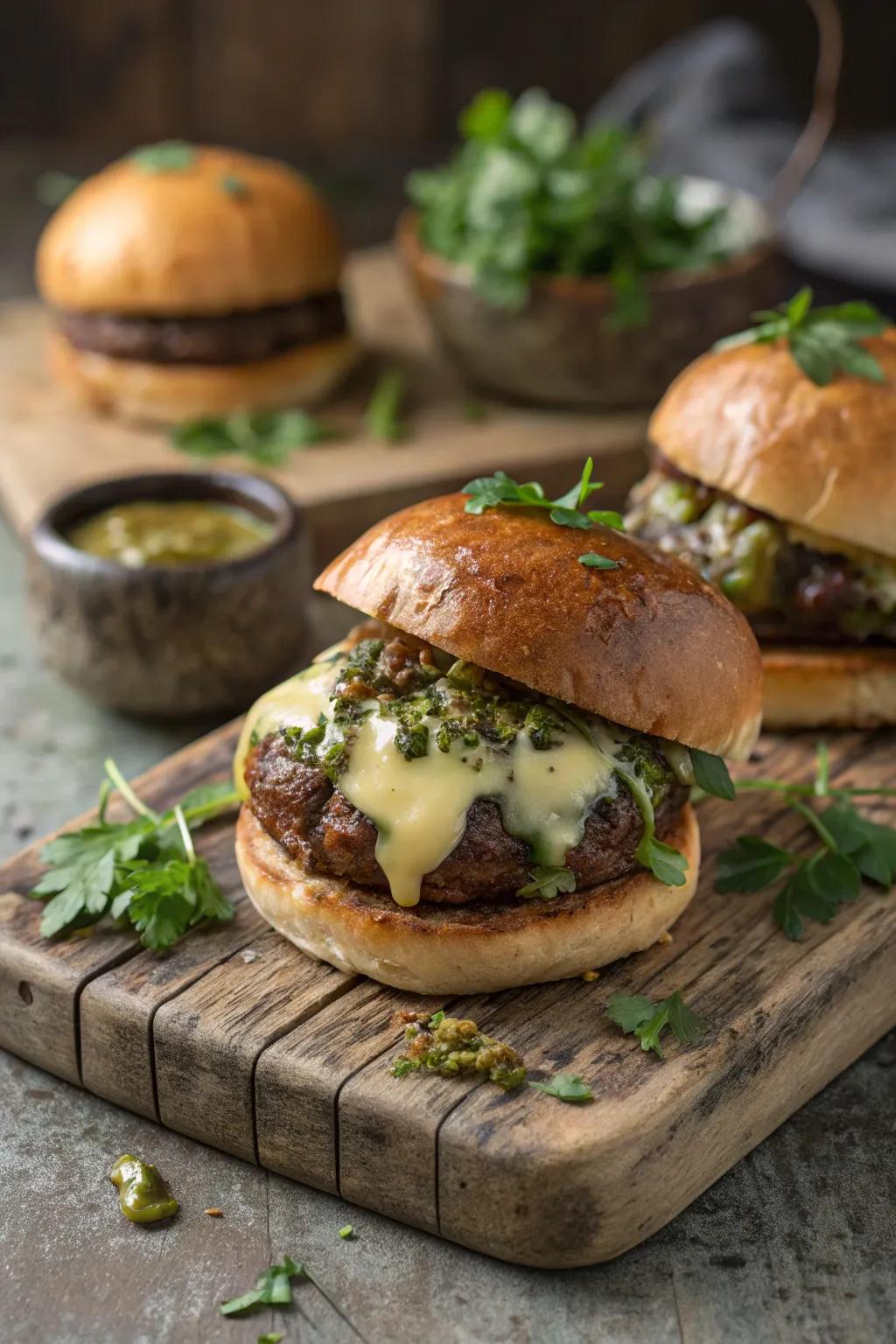 Gourmet beef burgers with a cheesy surprise and herby sauce.