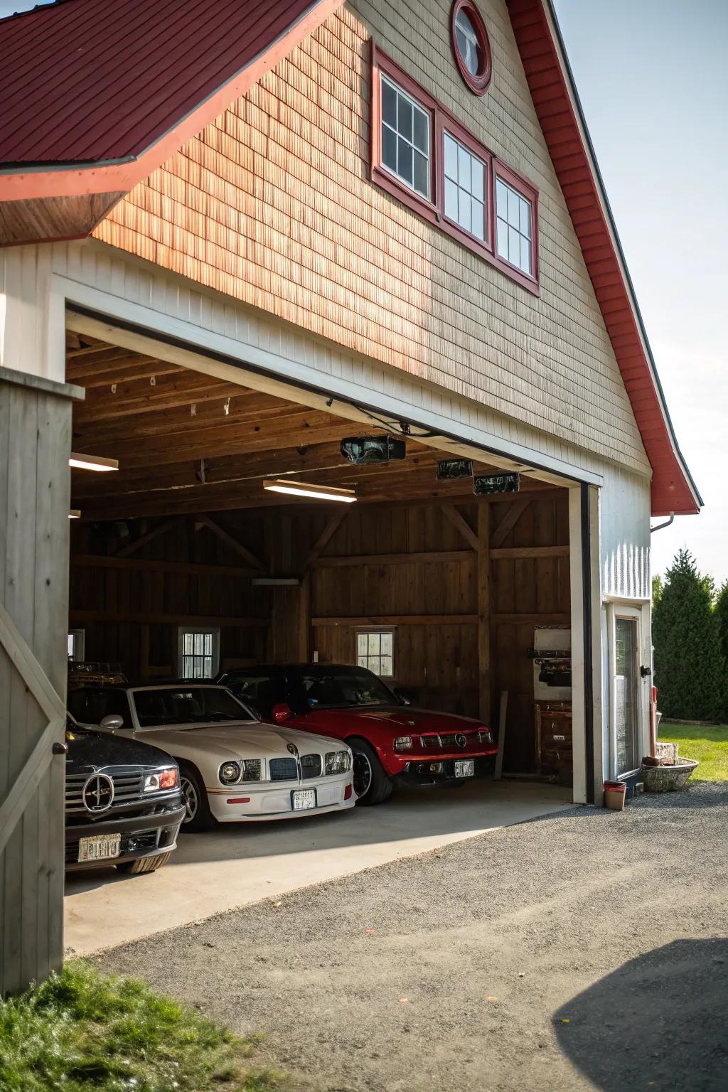 A barn with a garage addition for convenient vehicle storage.