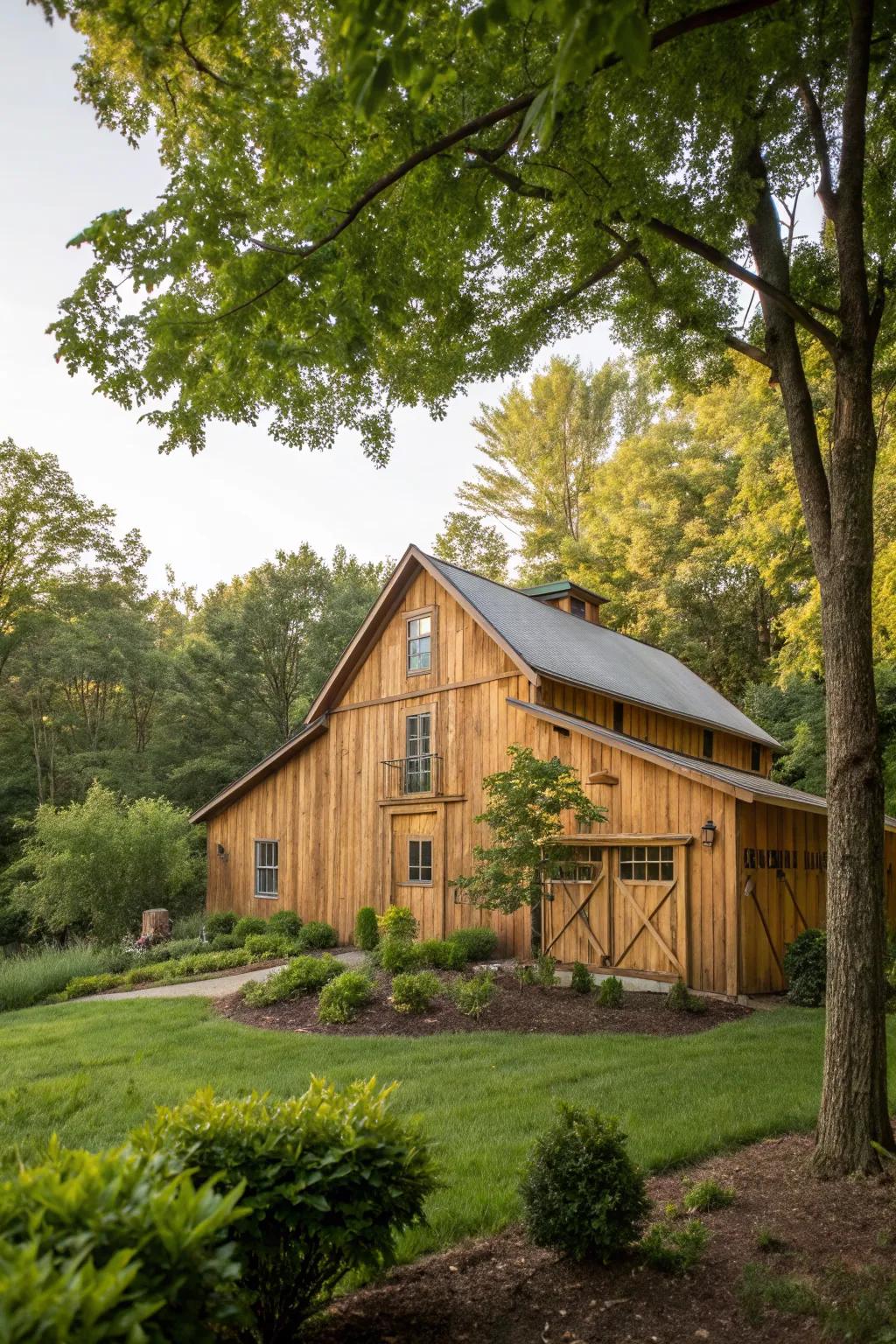 A barn with a warm cedar stain, blending charm and elegance.