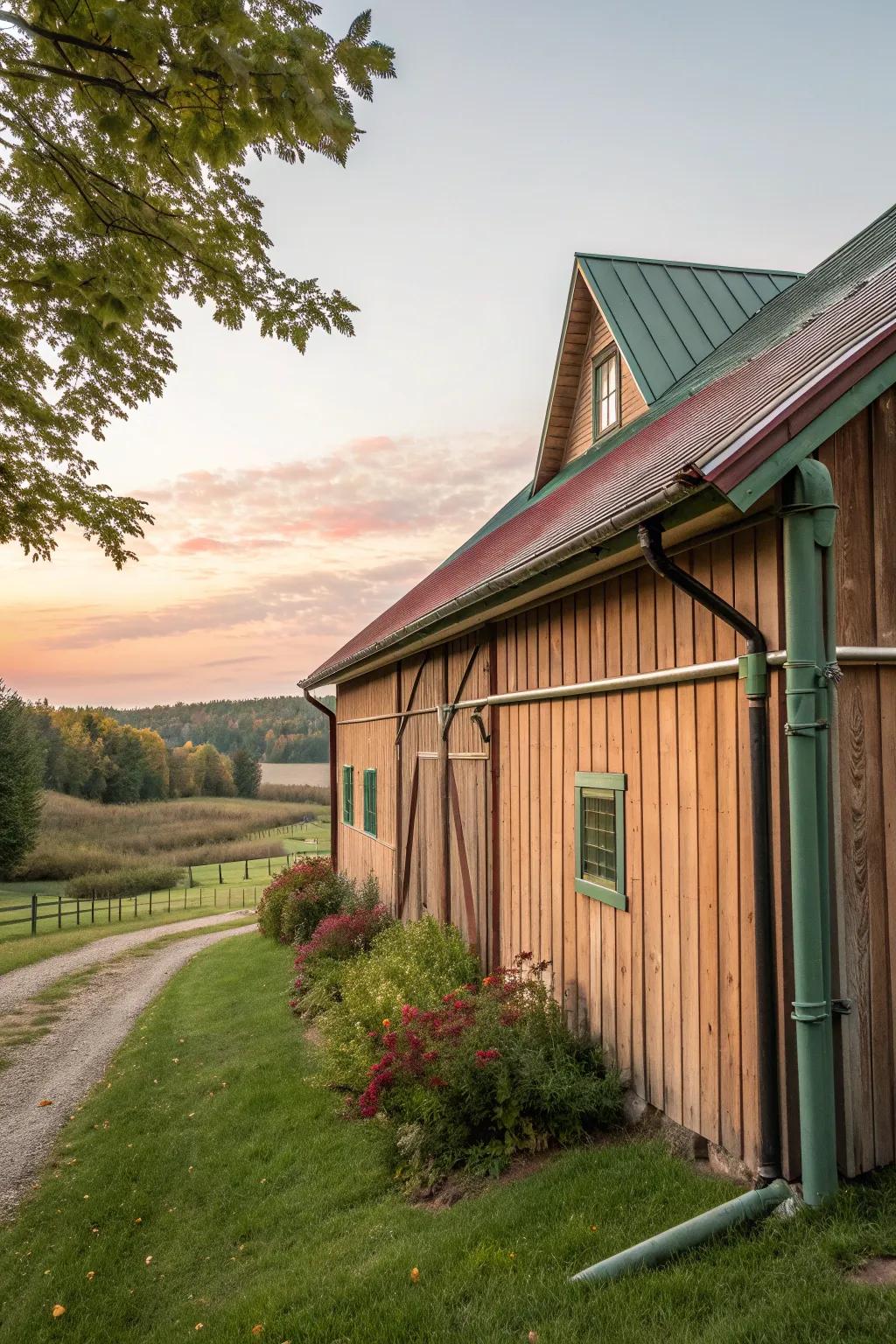 Gutters in earthy tones blend seamlessly with the landscape.